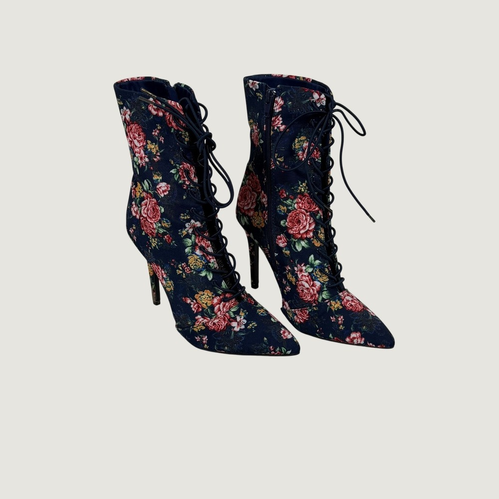 Qupid Women Navy Floral Tapestry Lace Up Pointed Toe Stiletto Ankle Boots 7.5